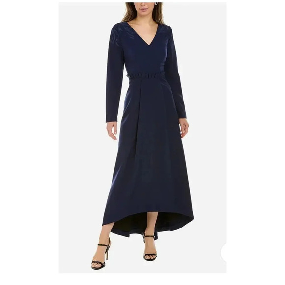 JS Collections Gown Navy V-Neck Hi-Low Long Sleeve Side Pockets Formal Dress 4 - Picture 1 of 9
